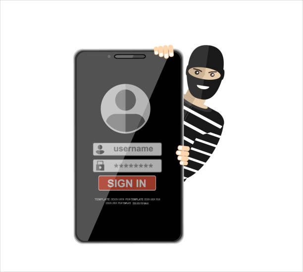 ilustrações, clipart, desenhos animados e ícones de ladrão hacker na máscara que rouba senhas do smartphone. conceito de anti phishing e vírus da internet. ilustração do vetor dos desenhos animados. - burglar thief internet security