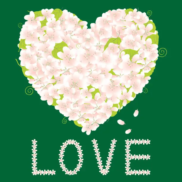 Vector illustration of Vector greeting card with floral heart and lettering love from delicate flowers