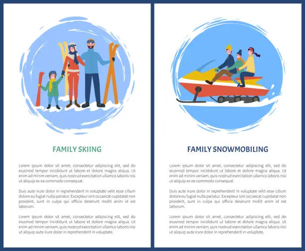 Vector illustration of Family Skiing Snowmobiling Hobby in Winter Season