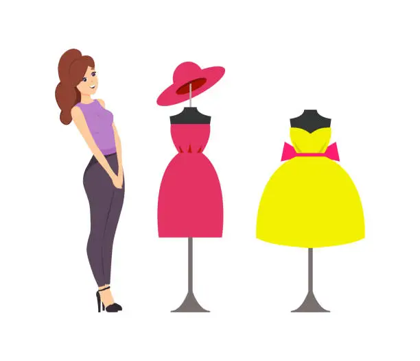 Vector illustration of Woman Looking at Showcase with Mannequins Vector