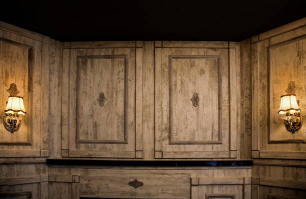 istock Vintage wall lamp with old wooden backround 1196722258