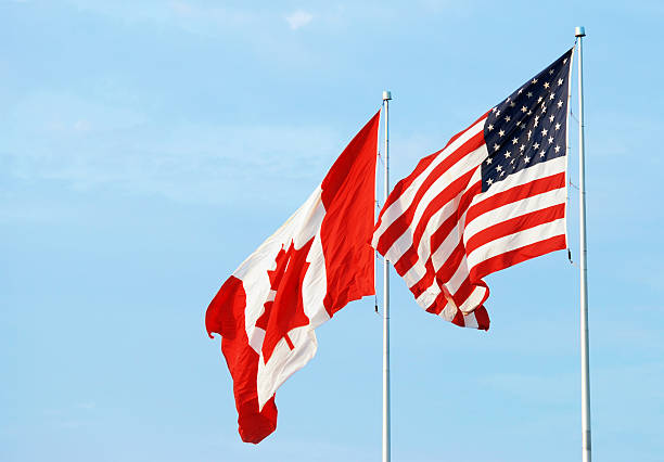 Map of USA and Canada with flags. (Administrative divisions also visible)