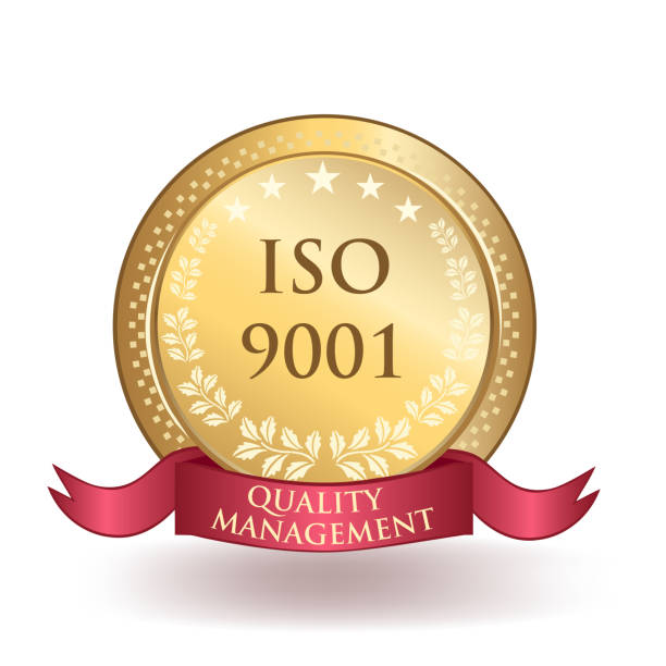 illustrazioni stock, clip art, cartoni animati e icone di tendenza di badge certificato standard di gestione della qualità iso 9001 - seal stamper business medal certificate