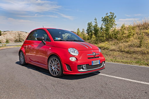 Abarth 695 Tributo Ferrari, a small sports car derived from Fiat 500, at rally \