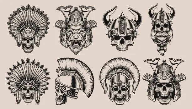 Vector illustration of Set of black and white skulls in warriors helmets.