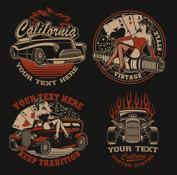 Set of coloured symbols for shirt designs in vintage style Set of coloured symbols for shirt designs in vintage style for transportation theme and pin up girl.Perfect for posters, apparel, T-shirt design and many other uses. Layered pin up girls and cars stock illustrations