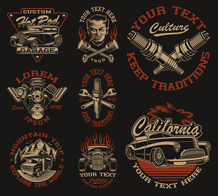 Set of vector black and white symbols or shirt designs in vintage style for transportation theme on the dark background.