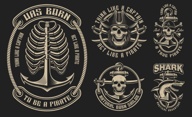 Set of vector illustrations for the pirate theme Set of vector illustrations for the pirate theme on the dark background. Perfect for posters, apparel, T-shirt design and many other uses. Text is on the separate group. pirate criminal illustrations stock illustrations