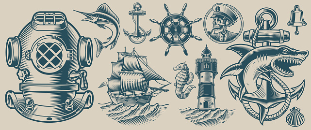 Set of vector illustrations on the nautical theme