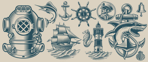 Set of vector illustrations on the nautical theme Set of vector illustrations on the nautical theme on a light background fisher role illustrations stock illustrations