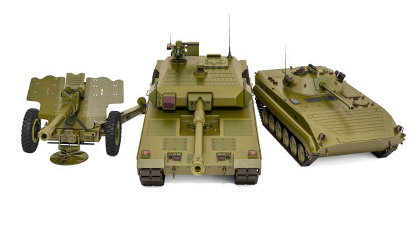 istock Battle tank, Howitzer and Infantry Fighting Vehicle. 3D rendering isolated on white background 1196728628