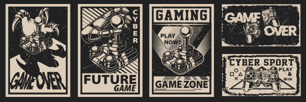 ilustrações de stock, clip art, desenhos animados e ícones de set of vintage posters on the theme of gaming - retro revival video game joystick gamer