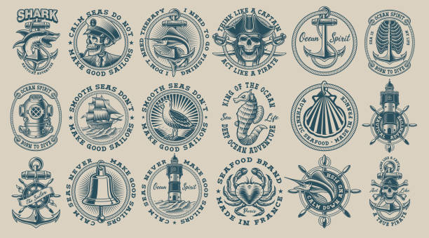 The biggest bundle of vintage nautical vectors The biggest bundle of vintage nautical vectors on the white background. Perfect for the shirt designs and many other uses. Text is on the separate group. bellcaptain stock illustrations