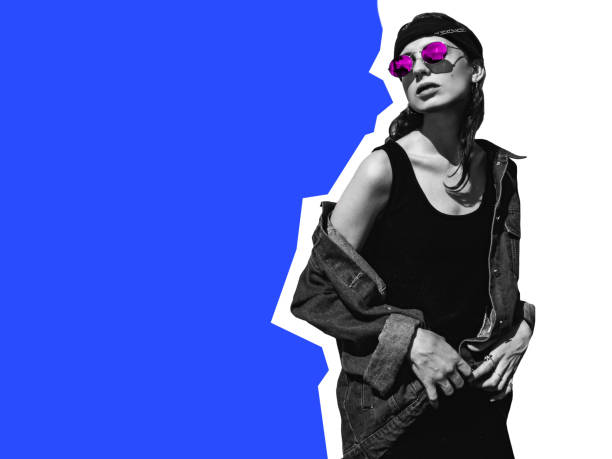 Zine style poster Black and white photo of young woman in a denim jacket, sunglasses and a headband on deep blue background mixed media stock pictures, royalty-free photos & images