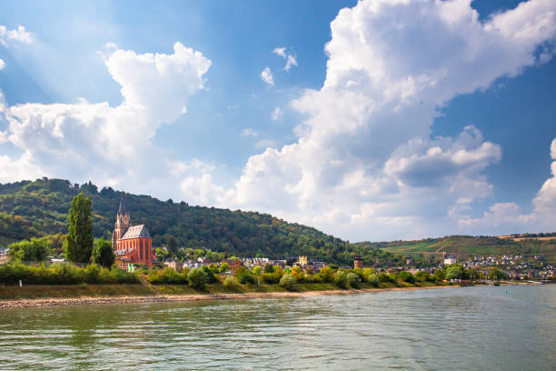 rhin en allemagne avec le village d'oberwesel et le château en vue - rhine gorge photos et images de collection