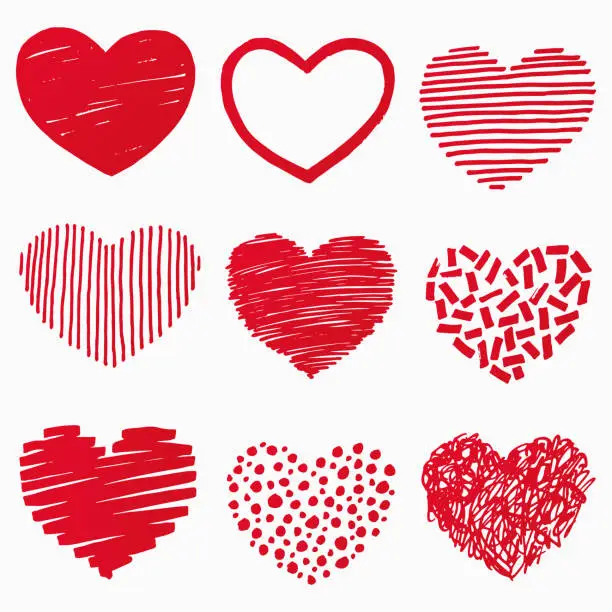 Vector illustration of Red hearts in hand drawn style. Grunge heart shape set isolated on white background. Symbol of love. Doodle element for Valentines Day or wedding design. Vector illustration