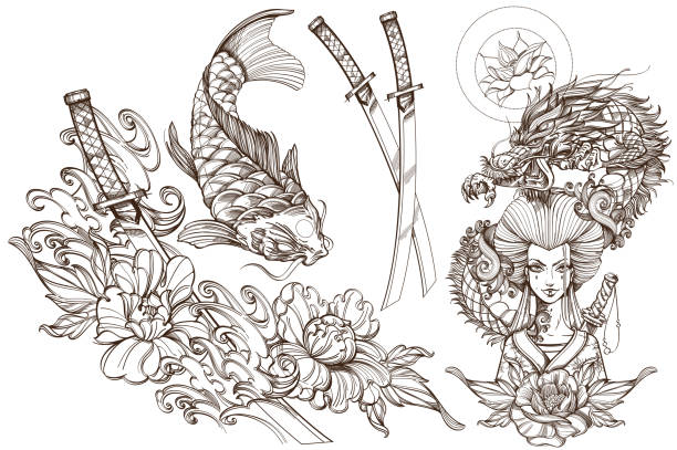 Contour image of asian woman in a kimono and dragon. Beautiful template for posters or leaflets with a girl samurai. A set of outline illustrations with sketches of tattoos. Contour image of asian woman in a kimono and dragon. Beautiful template for posters or leaflets with a girl samurai. A set of outline illustrations with sketches of tattoos. dragon tattoos stock illustrations