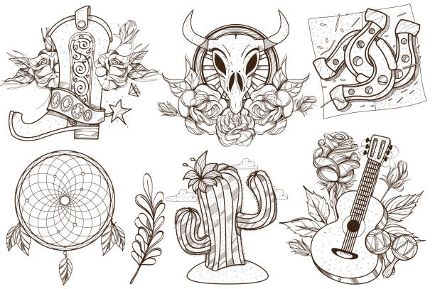 Wild West And Nature A Set Of Outline Illustrations With Sketches Of Tattoos  Stock Illustration - Download Image Now - iStock