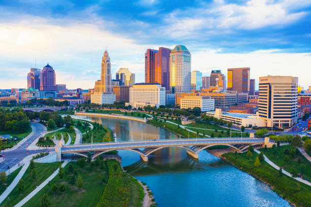 Aerial view of Downtown Columbus Ohio with Scioto river Aerial view of Downtown Columbus Ohio with Scioto river ohio stock pictures, royalty-free photos & images