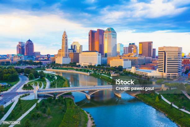 Aerial View Of Downtown Columbus Ohio With Scioto River Stock Photo - Download Image Now