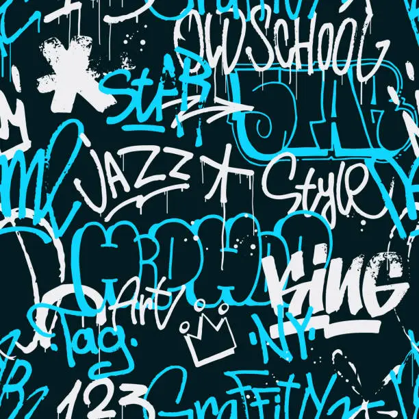 Vector illustration of Vector graffiti seamless pattern in blue and white color isolated on dark background. Abstract graffiti tags and throw up pieces background. Use for poster, t-shirt design, textile, wrapping paper.