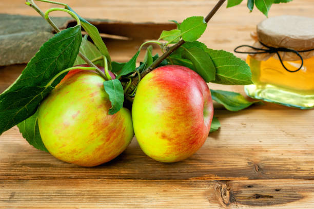istock Fresh apples with honey on wooden background 1196734277