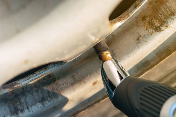 istock Car tire pressure checkwith gauge 1196734794