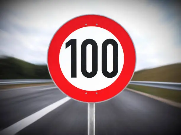100 km/h speed limit sign on the german autobahn 3d render