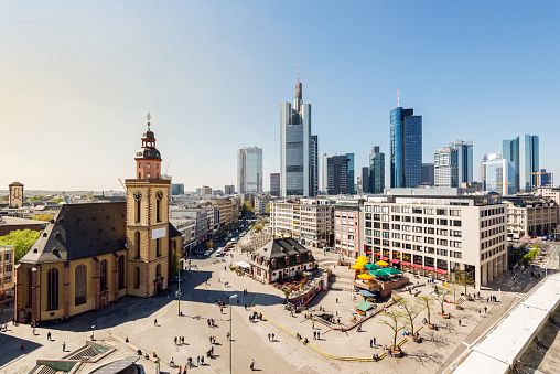 Frankfurt am Main  is the 5th largest city of germany. The image shows the skyline during summer season, seen from Frankfurt Cathedral.