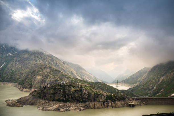 Grimsel pass with mountain lake. Lake Grimsel is an artificial lake in the Canton of Berne, Switzerland. It is a large hydroelectric reservoir.