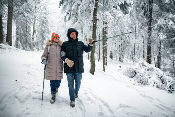 Senior couple enjoying walk in peaceful beautiful winter forest. Fresh snow has turned the forest into winter wonderland.\nNikon D850