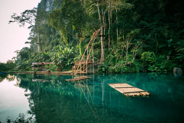 famous blue lagoon in the hot day, Vangvieng. Laos, Clear clear water in the lagoon.