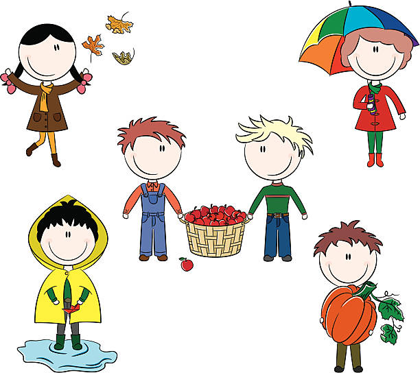 ilustraciones, imágenes clip art, dibujos animados e iconos de stock de otoño monada niños - macintosh apple
