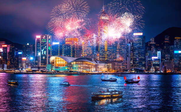 Firework show on Victoria Harbor, Hong Kong stock photo