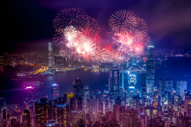 Firework show on Victoria Harbor, Hong Kong stock photo