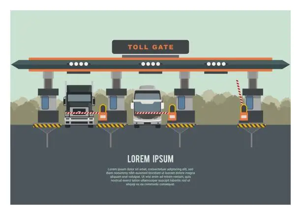 Vector illustration of Group of vehicle entering highway gate with one gate opened. Trees silhouette background. Simple Illustration.