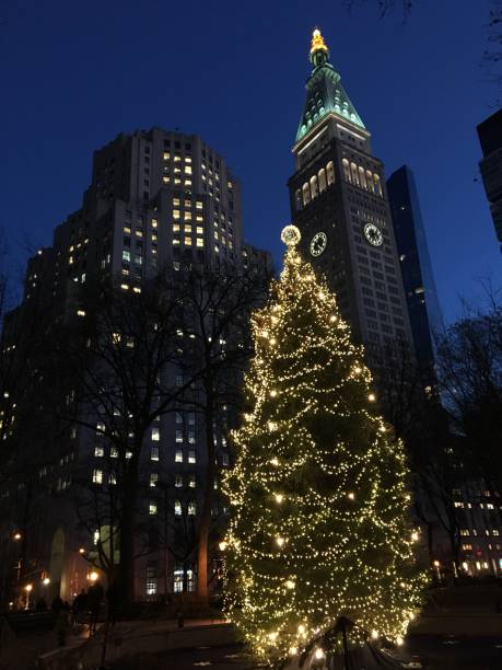 istock An illuminated Christmas tree is dwarfed by taller buildings 1196750811