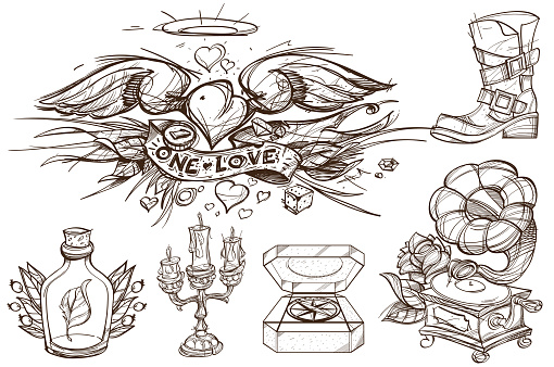 Gramophone, shoes, candlestick, a compass and a heart with wings. A set of outline illustrations with sketches of tattoos.