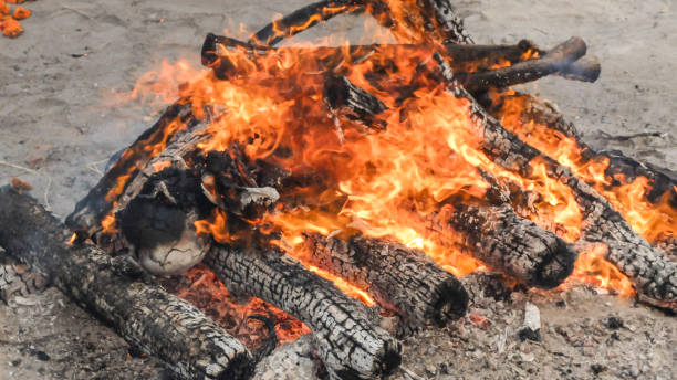 Funeral pyre,burning at Swargadwar crematorium in Puri,Odisha state, India. Human remains can barely be seen as the wood fire burns during the common ritual of cremation widely practiced throughout India,especially in the north. burned corpse stock pictures, royalty-free photos & images