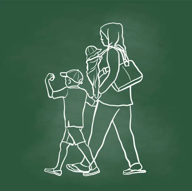 Vector illustration of Refugee Mom And Kids Chalkboard