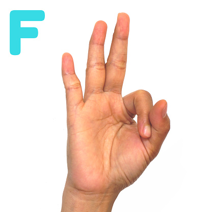 Alphabet letter F in sign language for the deaf . Fingerspelling in American Sign Language (ASL). Hand gesture letter F on a white background.