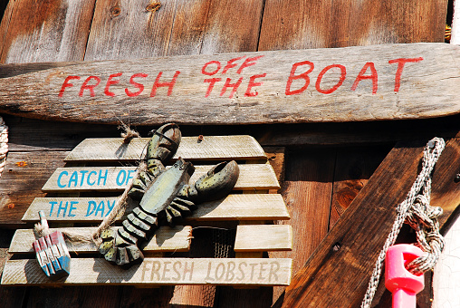 York, ME, USA August 12, 2013 Lobster traps serve as fun décor on a lobster shack in York, Maine