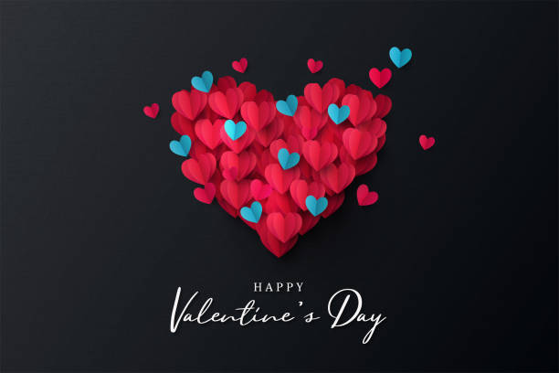 해피 발렌타인 데이 배너입니다. 검은 직물 배경에 분홍색, 빨간색과 파란색 종이 접기 하트로 만든 큰 마음과 휴일 배경 디자인 - valentines day stock illustrations