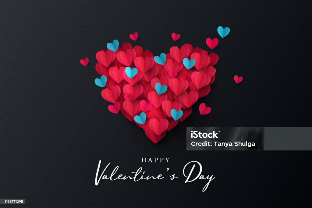 Baner z okazji Walentynek. Wakacyjny projekt tła z dużym sercem wykonanym z różowego, czerwonego i niebieskiego Origami Hearts na czarnym tle tkaniny - Grafika wektorowa royalty-free (Walentynki)