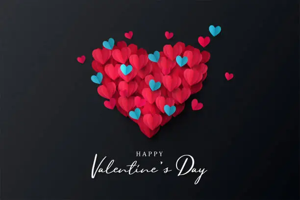 Vector illustration of Happy Valentine's Day banner. Holiday background design with big heart made of pink, red and blue Origami Hearts on black fabric background