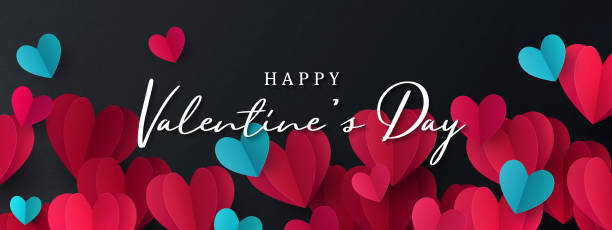 ilustrações de stock, clip art, desenhos animados e ícones de happy valentine's day banner. holiday background design with border frame made of pink, red and blue origami hearts on black fabric background - craft valentines day heart shape creativity