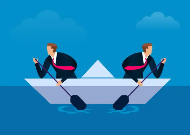 Vector illustration of Disunited, two businessmen paddling in opposite directions