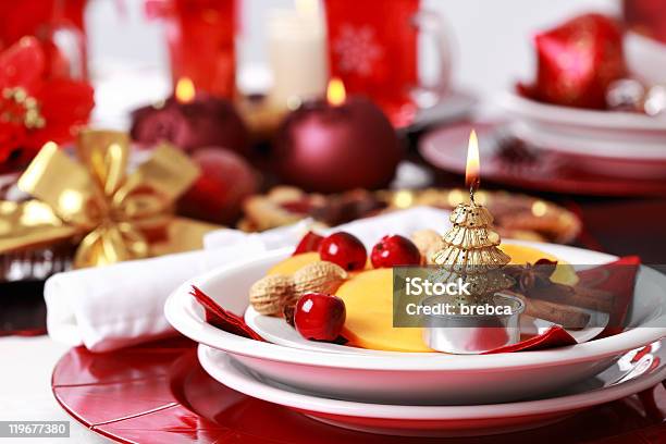 Place Setting For Christmas Stock Photo - Download Image Now - Arrangement, Cake, Candle