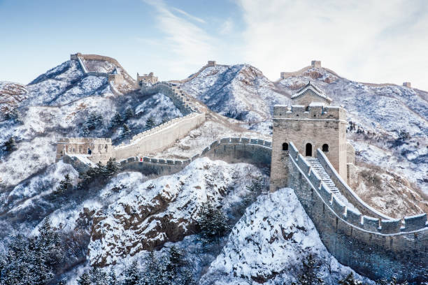 nieve en la gran muralla - chinese wall fotografías e imágenes de stock