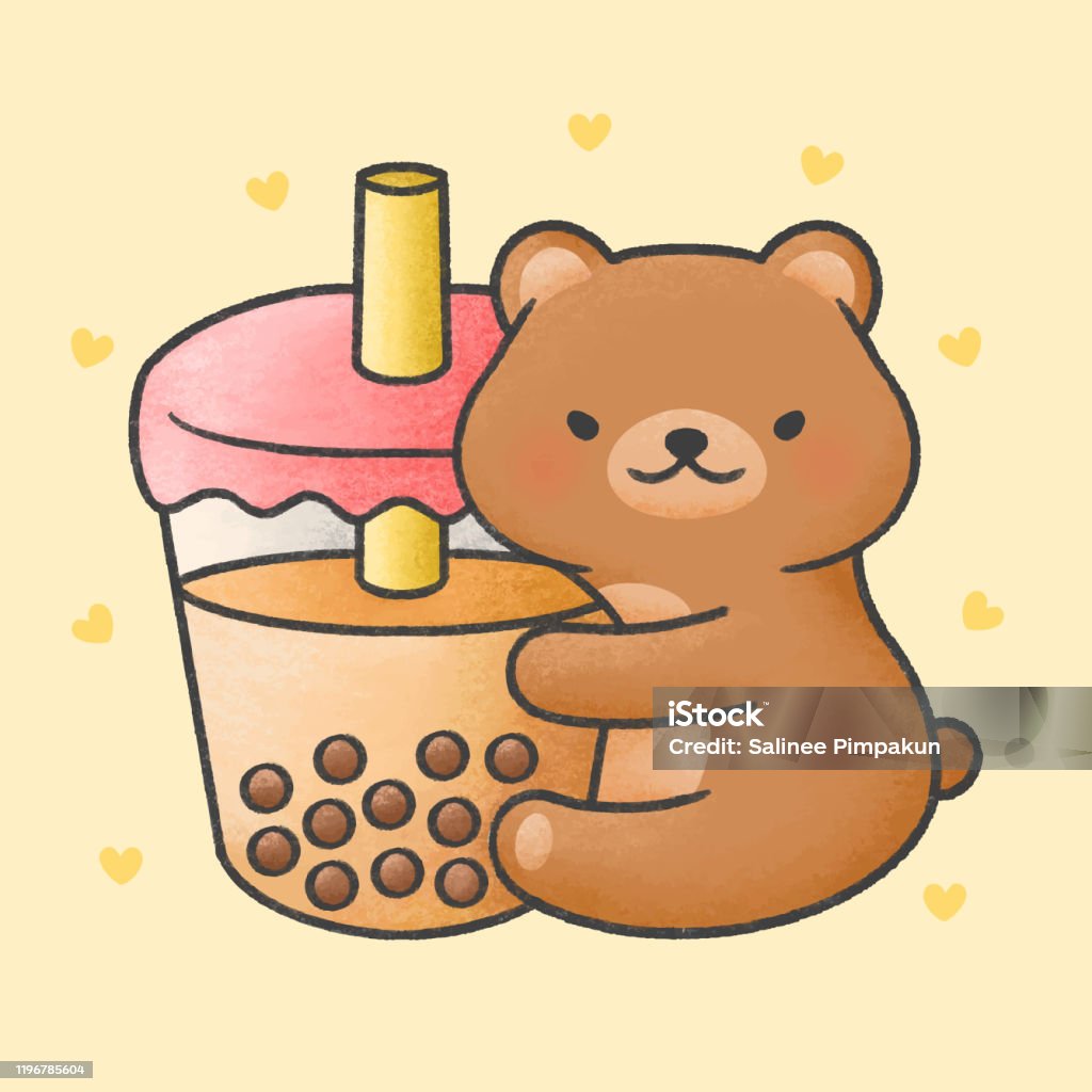 Cute Bear Hug Bubble Milk Tea Fresh Drink Cartoon Hand Drawn Style ...